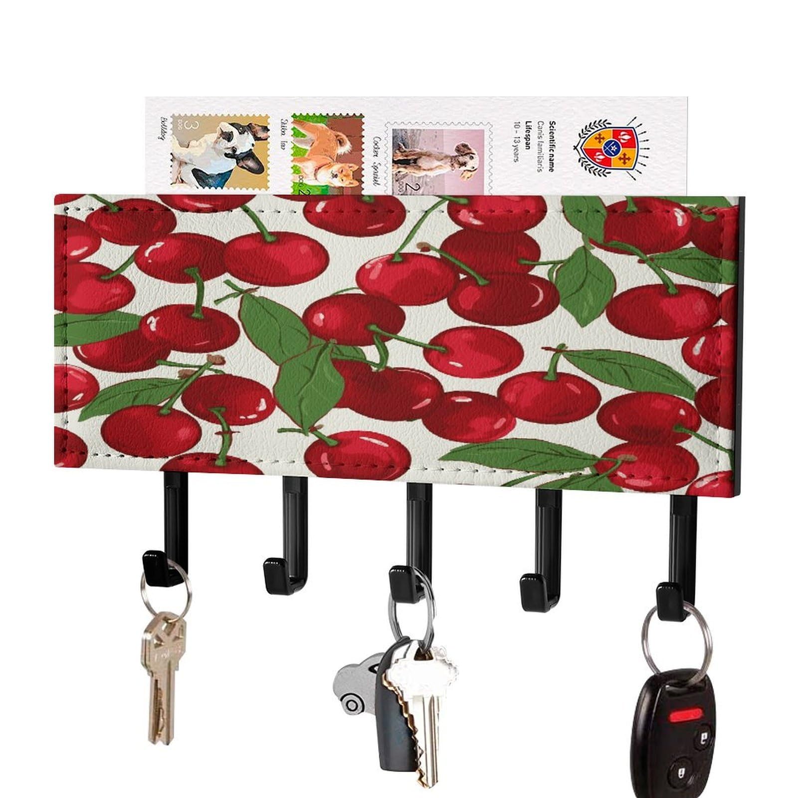 FekiLoot Red Cherries Key Holder Wall Mount Key and Mail Holder Key Hanger with 5 Hooks Decorative PU Key Rack Hanging Key Hooks for Wall Living Room Kitchen Bathroom Hallway Black-Style