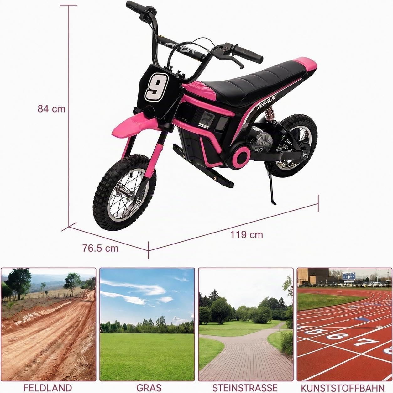 Garvee Elektro Motorrad Kinder 12V 250W Dual-Battery, Elektro Motocross | Elektro Crossbike mit Stoßdämpfer, Robuste Reifen, Geschwindigkeit 10–23 km/h, Belastung 65 kg, für Kinder ab 13 Jahren, Rosa