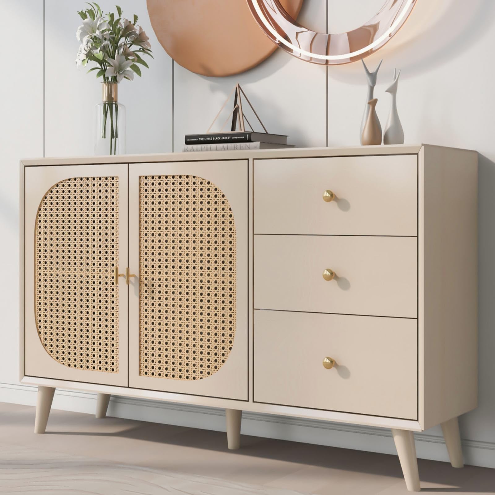KOMHTOM Buffet Beige avec Portes en rotin, Meuble de Rangement avec 2 Portes et 3 tiroirs pour Salon Chambre à Coucher Salle à Manger Couloir (Beige Clair-D)