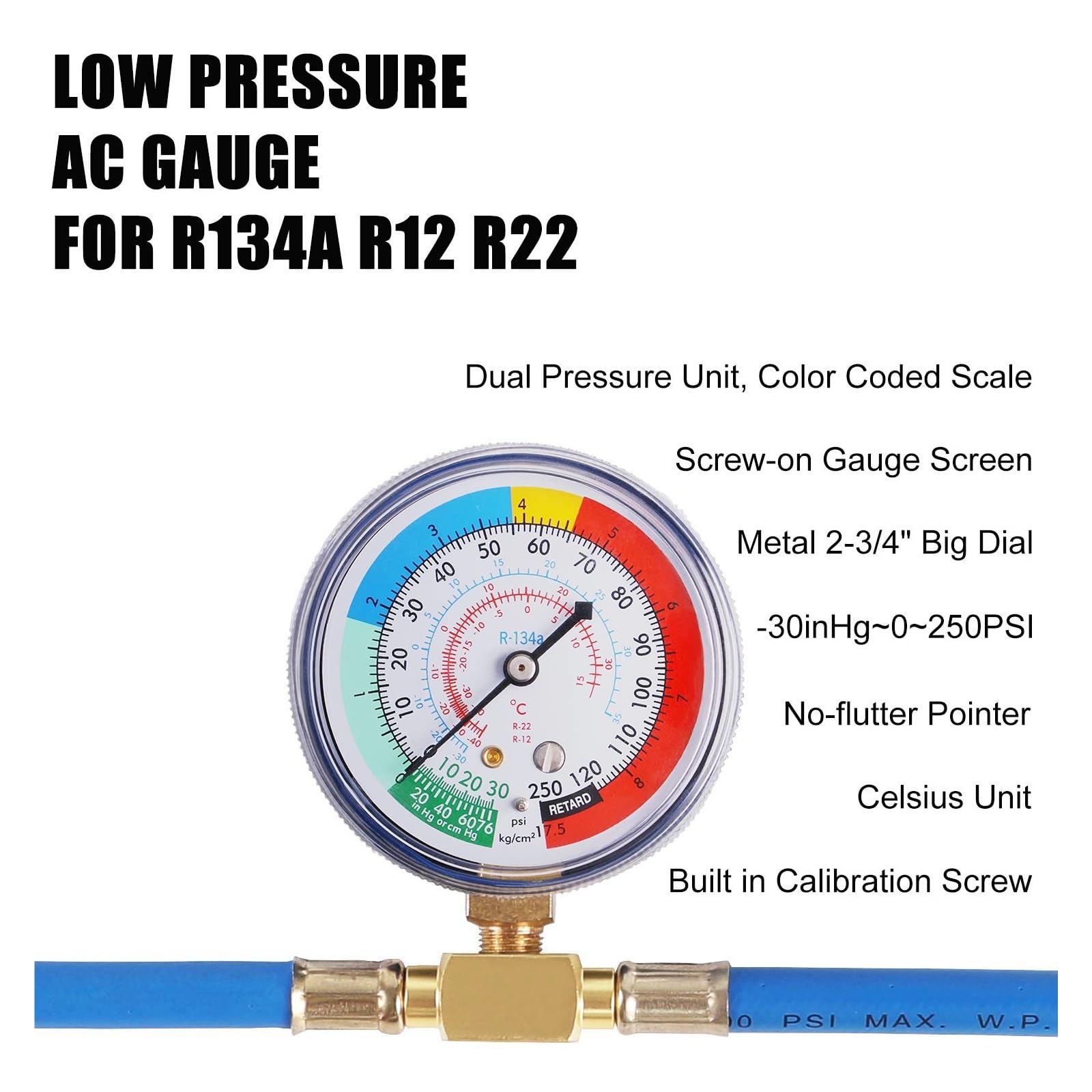 Kit de Manguera de Recarga de Aire Acondicionado R134A con manómetro, Manguera de Carga de refrigerante, Recarga de Gas for automóvil Lecturas estables | Length 150 cm