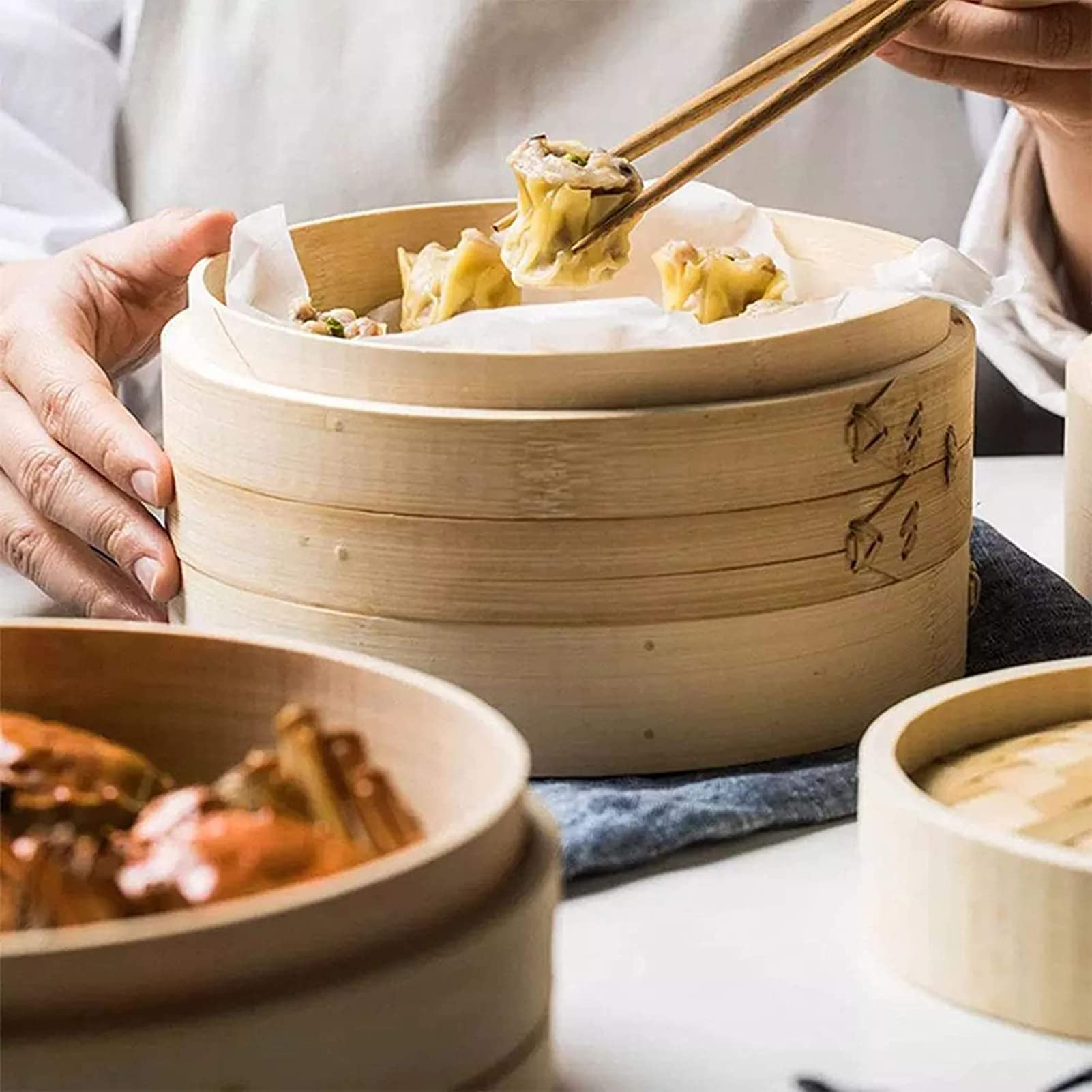 Vaporera de bambú, vaporera apilable Duradera Hecha a Mano para Verduras, Carne, Pescado, albóndigas, Dim Sum, Cocina