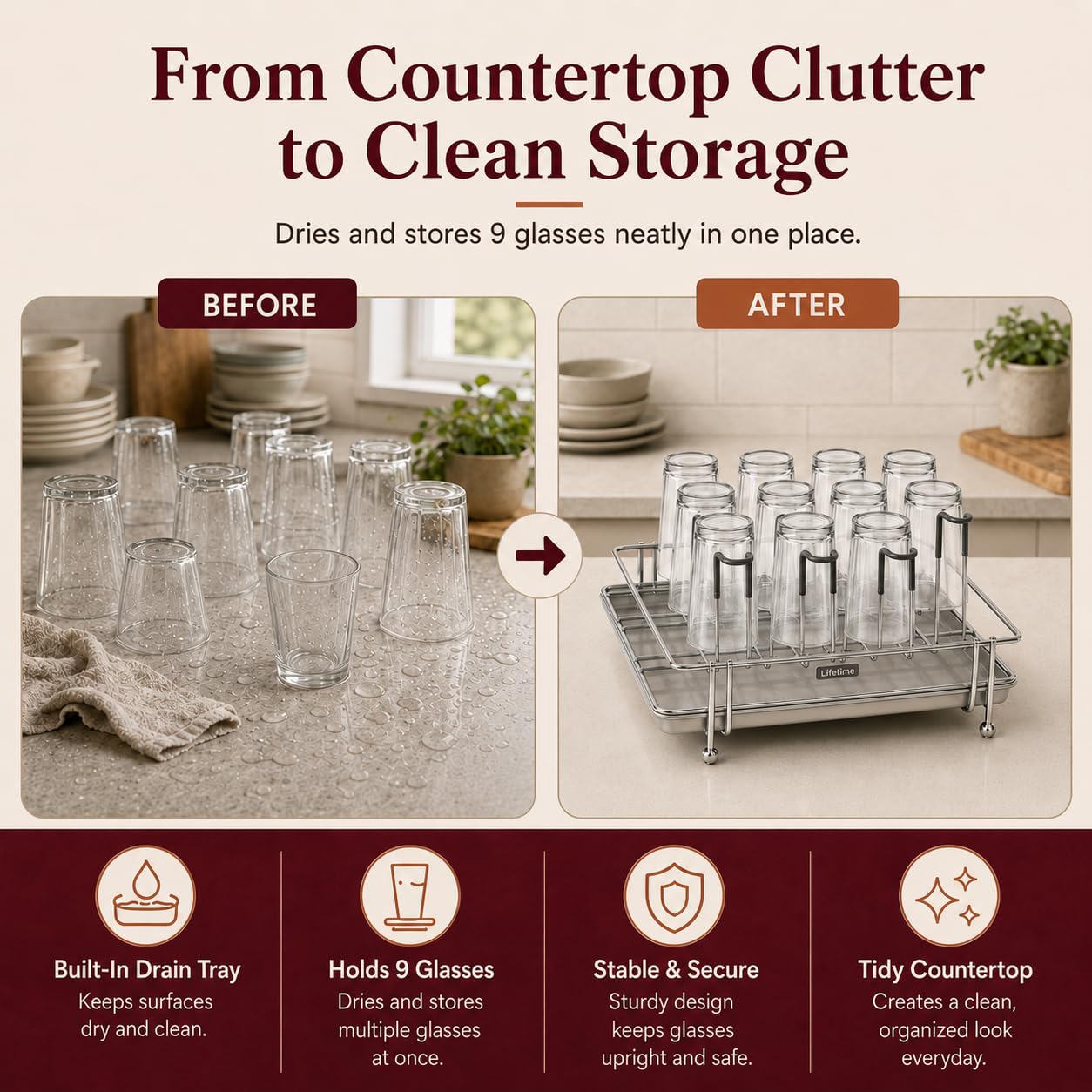 Stainless Steel Glass Stand - 9 Holder, Drain Tray -4 Stainless Steel Glass Stand - 9 Holder, Drain Tray -4