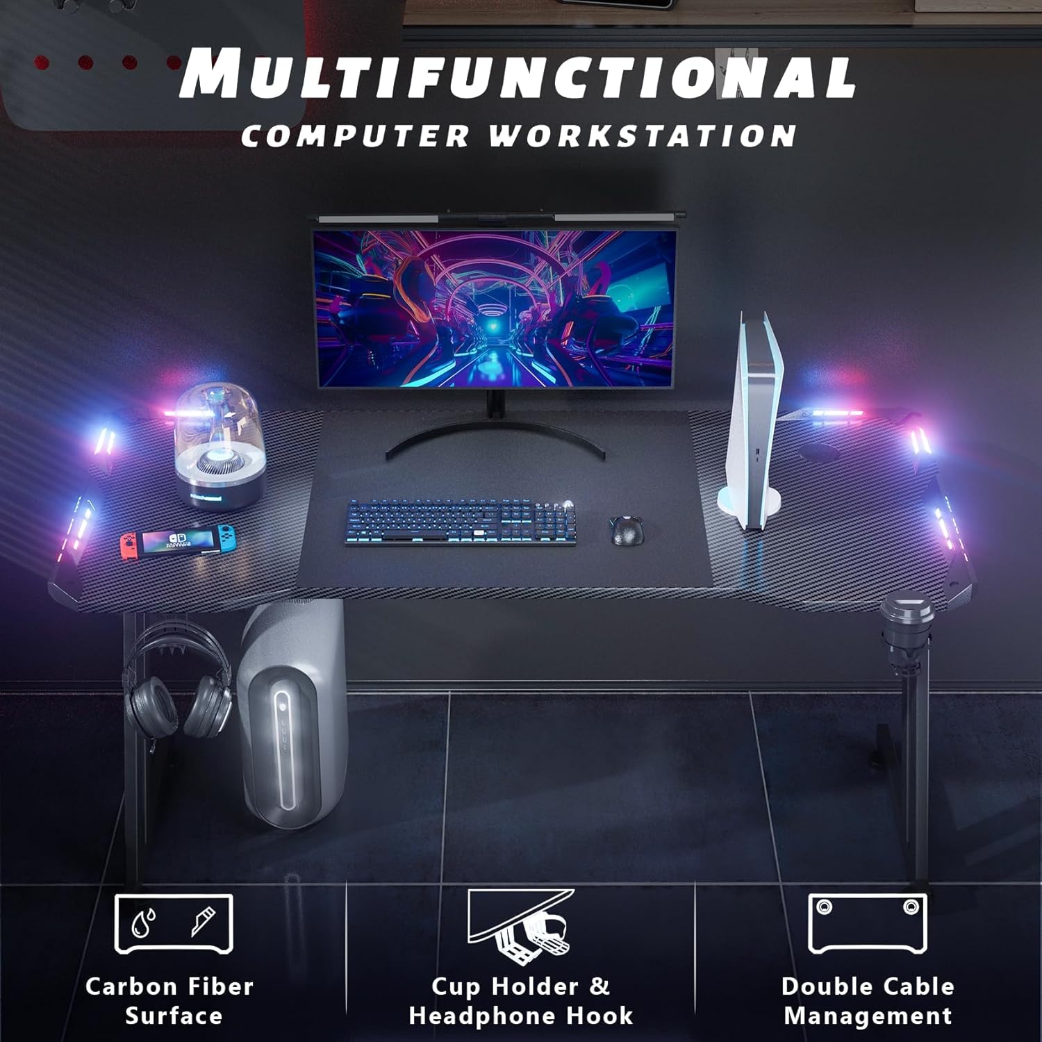 HLDIRECT 55 Inch Gaming Desk with LED Lights Carbon Fiber Surface Z Shaped Gaming Table Large Computer Desk with Cup Holder & Headphone Hook Gamer Desk for Home Office Black - Image 5