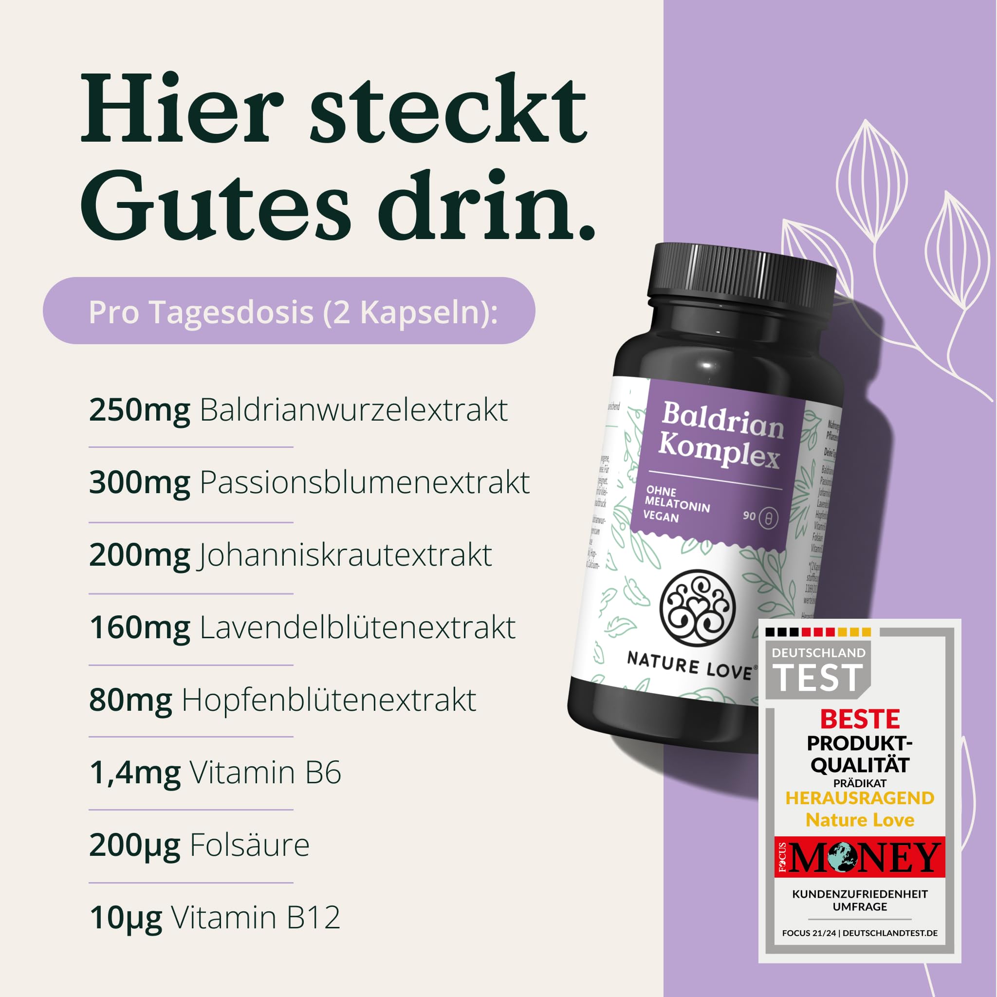 NATURE LOVE® Baldrian Komplex – 90 Kapseln ohne Melatonin – mit Johanniskraut, Passionsblume, Folsäure, Lavendelblüte & B-Vitaminen – vegan