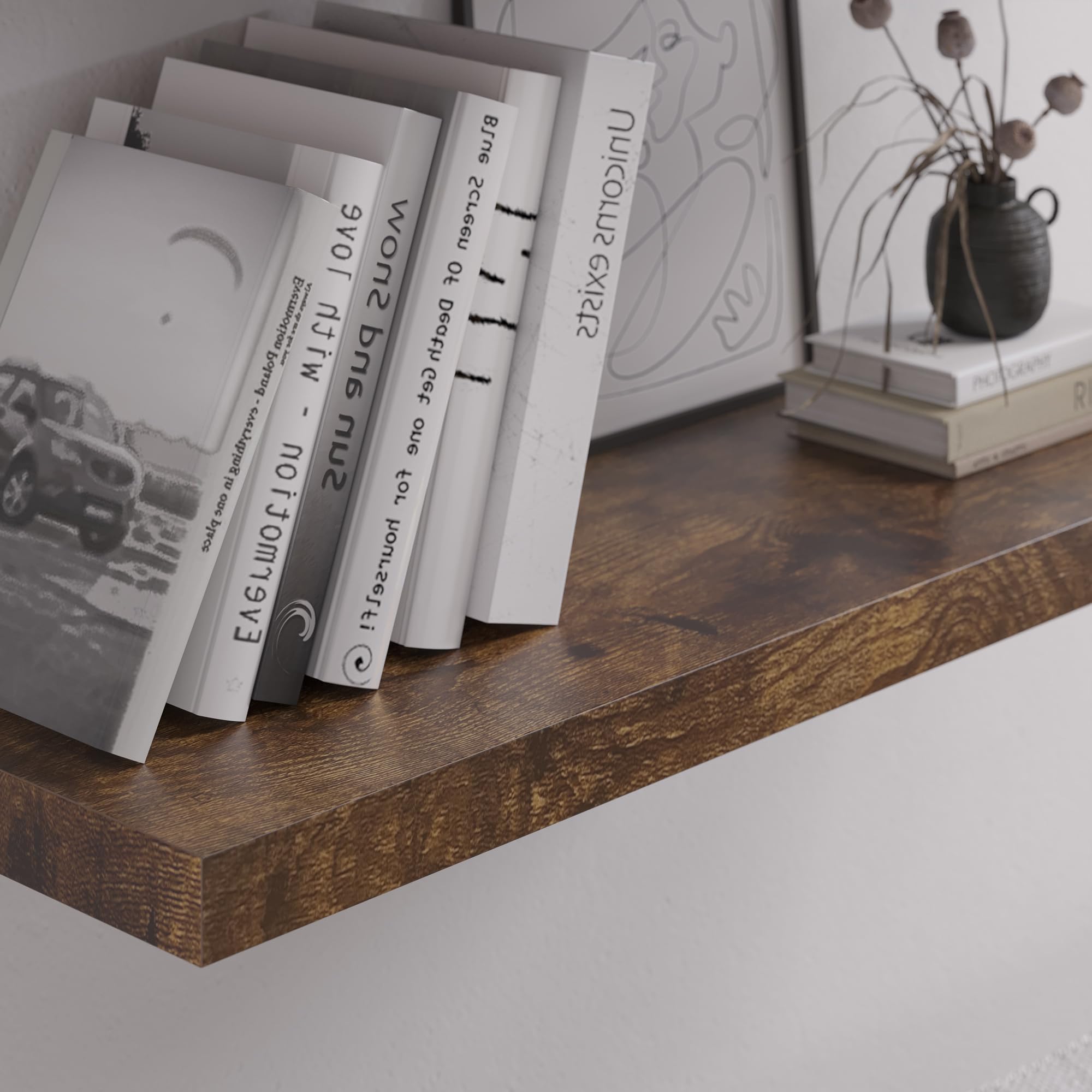 JPND Floating Shelf, Set of 1 Wall Shelf, 36 in W x 12.75 in D x 2 in H Wooden Floating Wall Shelf with Invisible Brackets for Living Room/Bedroom/Bathroom/Kitchen Storage and Decor, Rustic Brown