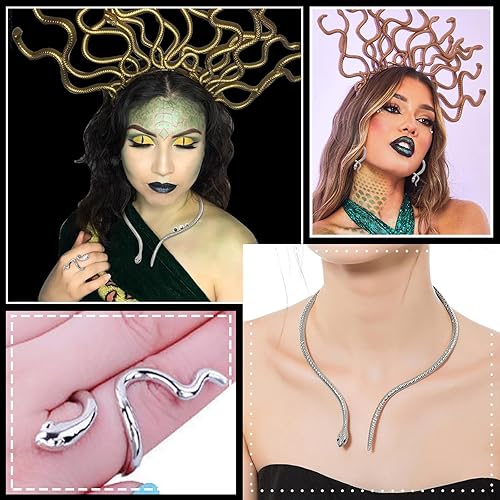 Dcfywl731 Snake Jewelry Set for Women Glexible Snake Bracelet Necklace Earrings Ring Sets Punk Gothic Jewelry Halloween Party Favors Cosplay Medusa Costume Accessories(C:Snake Jewelry Set)