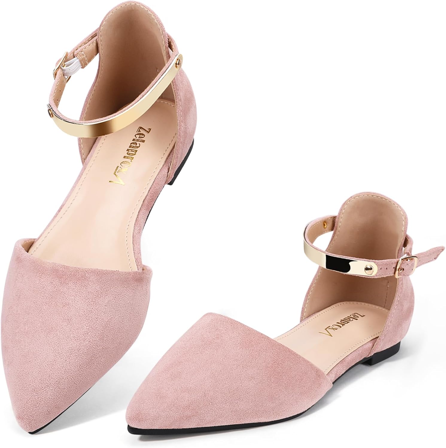 Zelaprox Women's Black Pointed Toe Flats Rhinestone Bow Ankle Strap Ballet Flats Comfortable Slip On Flats Light Weight Suede Dress Shoes