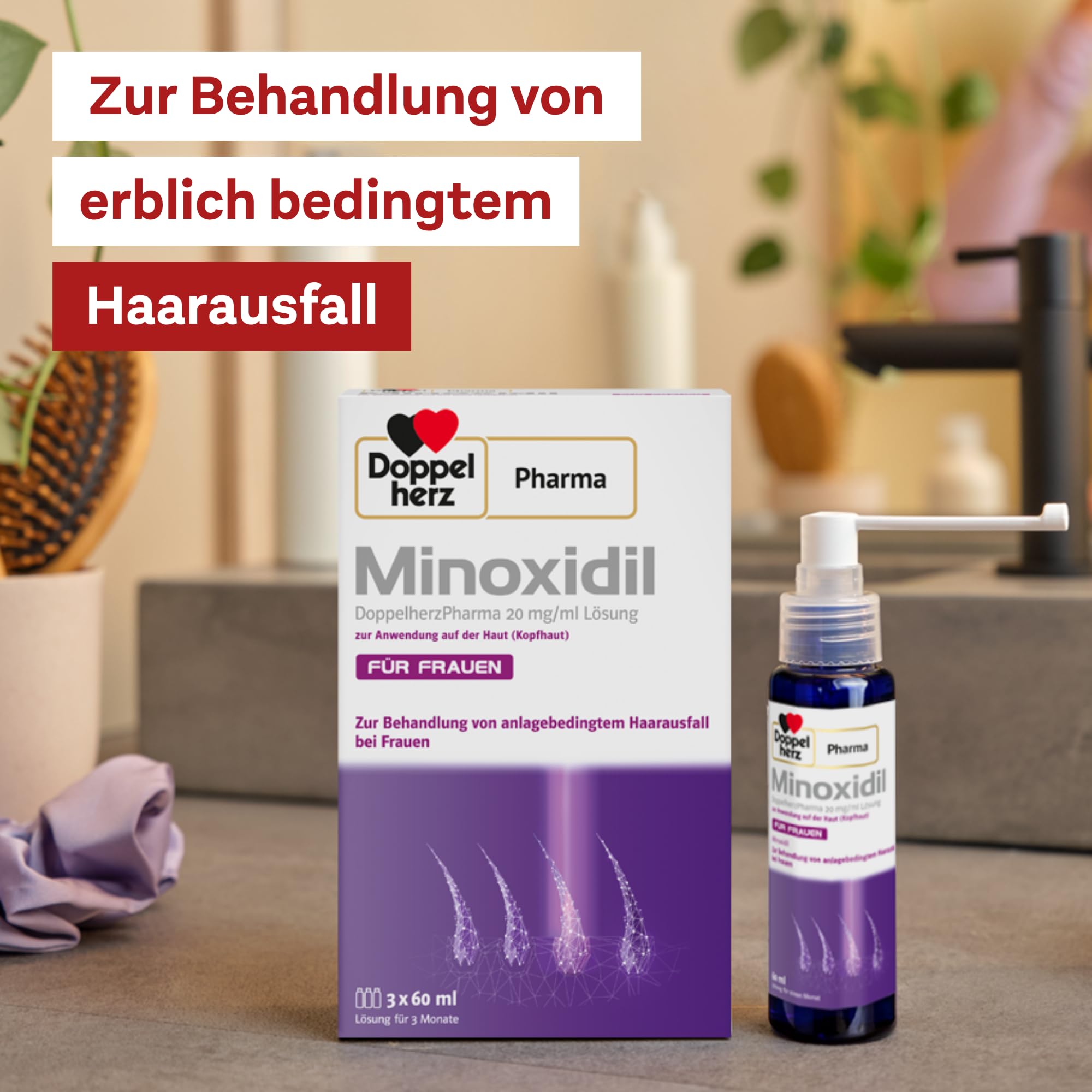 Minoxidil DoppelherzPharma 20mg/ml (2%) Lösung zur Anwendung auf der Haut (Kopfhaut) – Arzneimittel zur Behandlung von anlagebedingtem Haarausfall bei Frauen (2x3x 60ml)