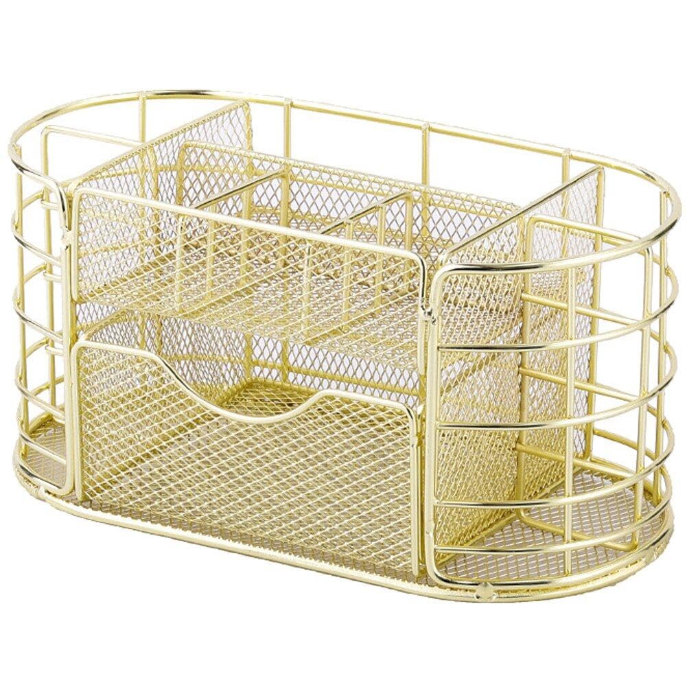 Luxylei Gold Desk Organiser With Drawer, Multifunctional Mesh Desk Tidy Organiser Pen Holder, Stationery Organisers For Home, Office, School, Classroom