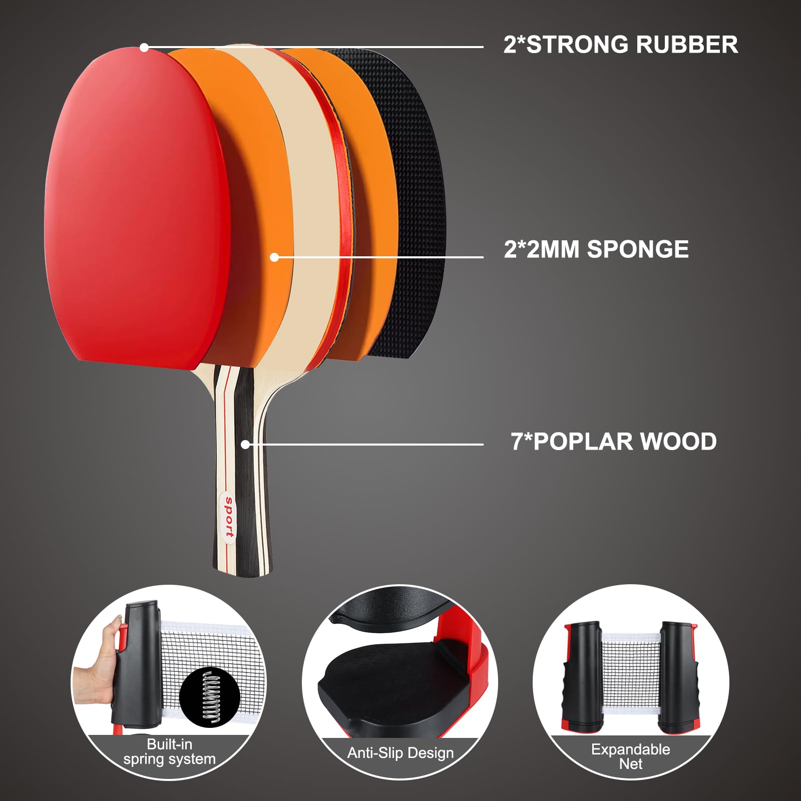 Set de Tennis de Table,2 Raquettes de Tennis de Table,6 Balles,Filet Rétractable et Sac de Transport,Ping Pong Kit pour Débutants et Joueurs Confirmés,Idéal pour Jeux Intérieurs et Extérieurs