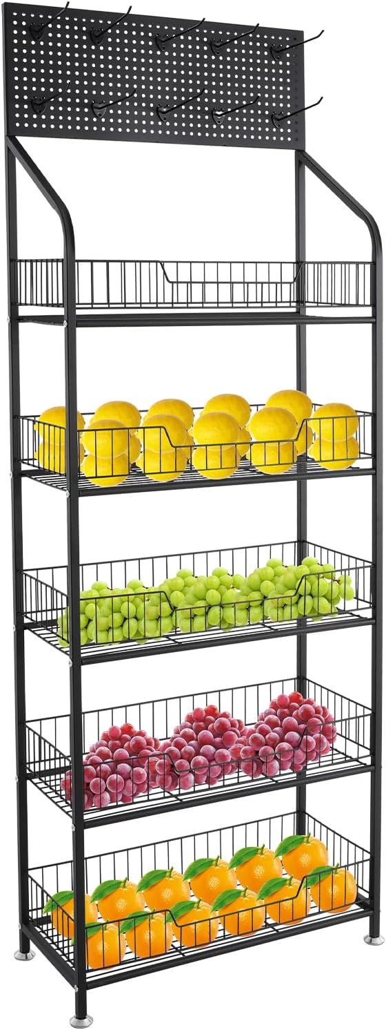 Retail Display Rack, Snack Candy Display Organizer Heavy Duty Retail Display Storage Shelves Racks with Hooks, Portable Metal Concession Stand Display Supplies for Home Shop (Black, 5 Tier, Fixed)