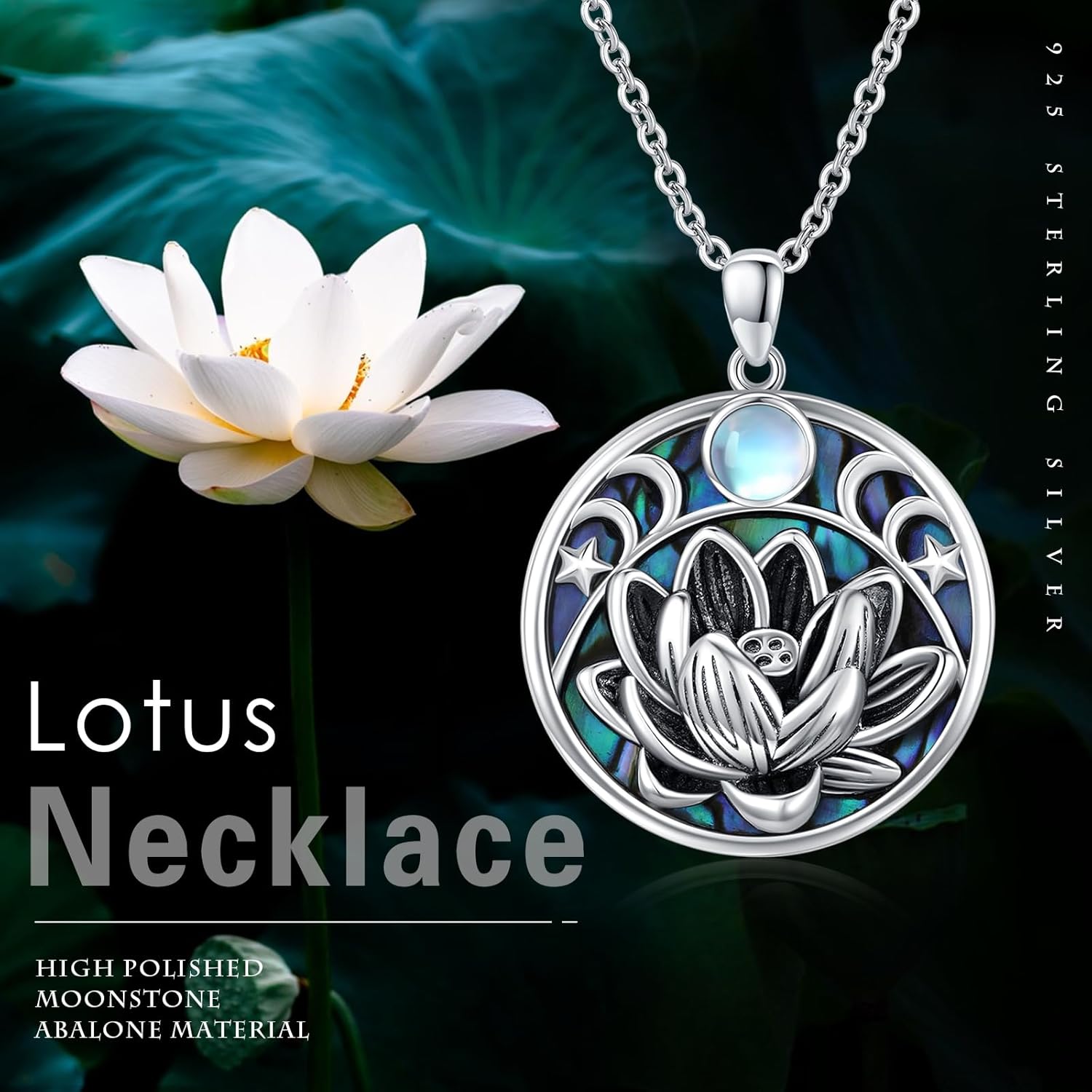 CUOKA MIRACLE Lotus Moonstone Necklace for Women 925 Sterling Silver Lotus Pendant Necklace Jewelry Gifts for Mom Women on Birthday Mother's Day Anniversary Christmas - Image 3