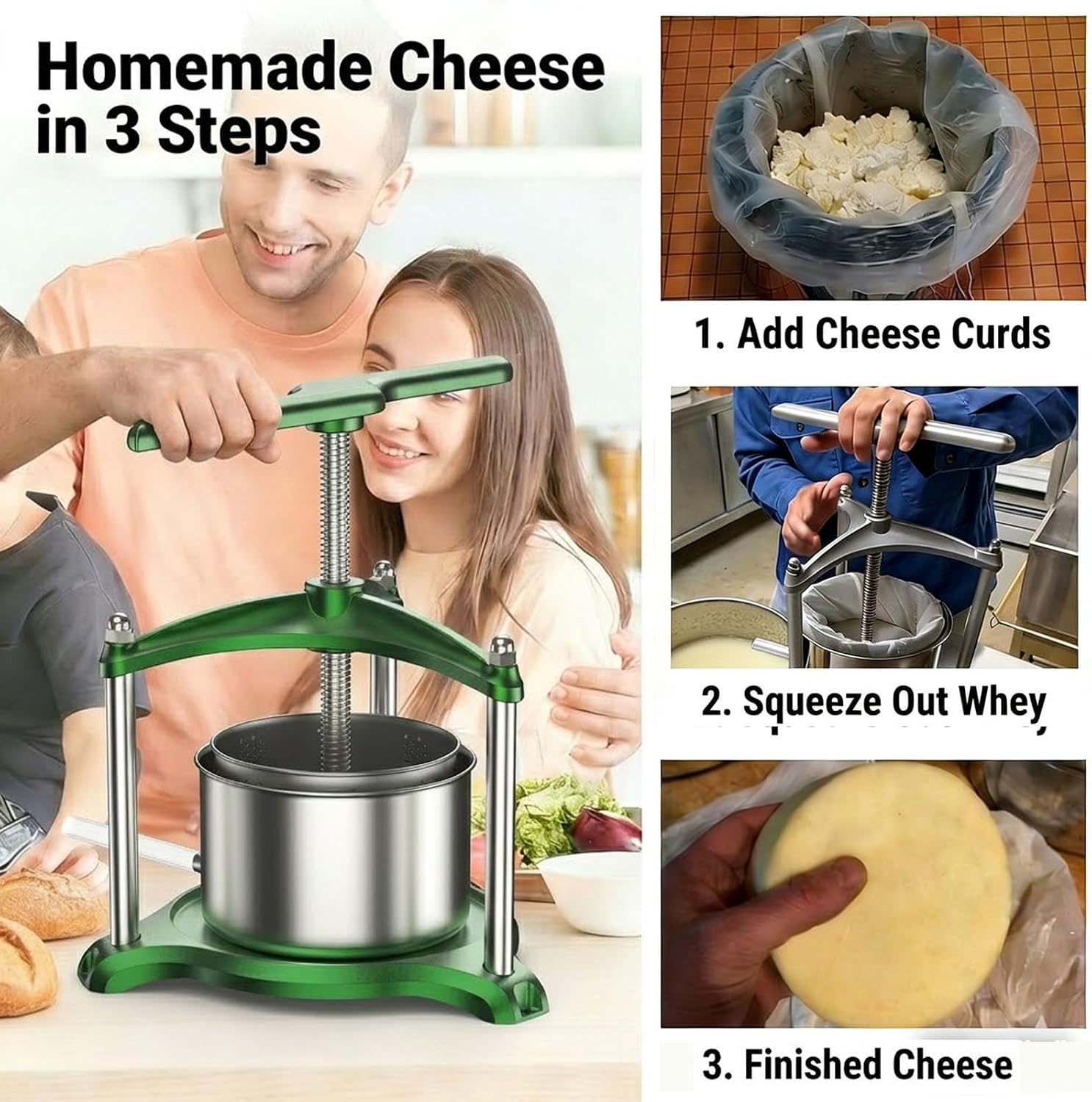 Manual Cheese Press, 1.6 Gallon Heavy Duty Food Press for Cheese, Tofu & Vegetable Dehydration – Stainless Steel Basket Herb & Tincture Press with Filter Bags, Not for Hard Fruits