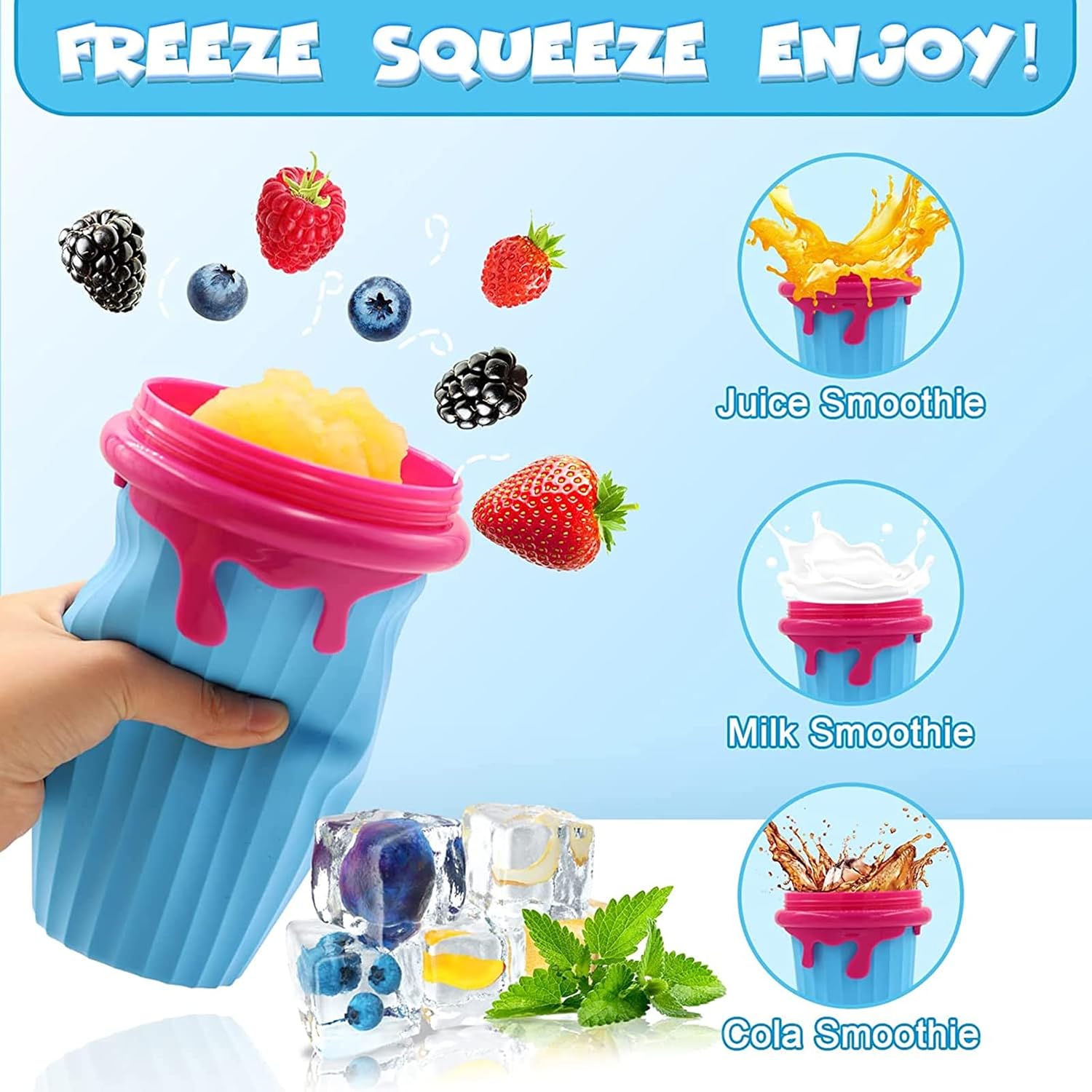 DAZZTIME Slushy Cup Gobelet à Granité en Silicone – Slush Ice Maker sans électricité, tasse smoothie DIY avec paille-cuillère 2-en-1 (bleu) - Image détaillée