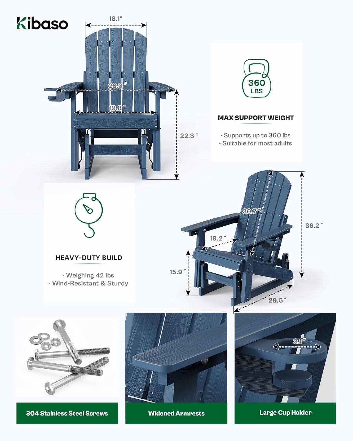 Outdoor Glider Chair with Cup Holder, HDPE Patio Glider Rocker with 3-Position Adjustable Backrest, All-Weather Porch Glider Chair for Outside Pool, Yard, Deck (Blue)