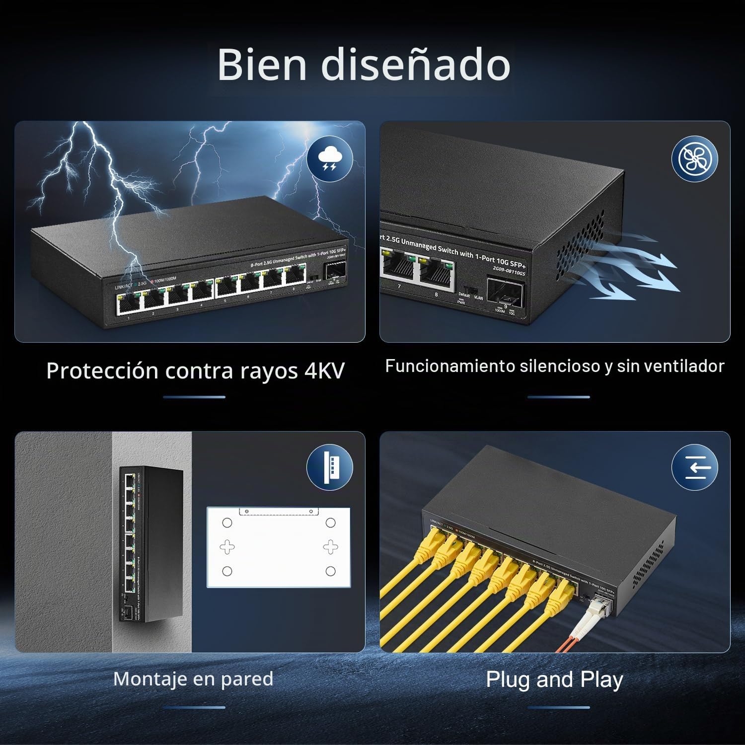 Binardat Switch de 8 Puertos 2,5G con Puerto 10G SFP+, 8 Puertos 2,5 Gigabit RJ-45 Base-T, conmutador Ethernet de sobremesa multigigabit no gestionado