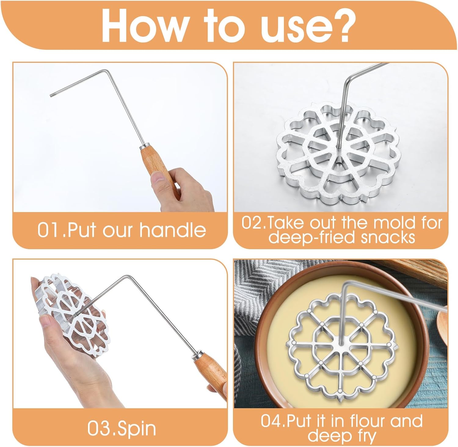 6 Pcs Rosette Iron Bunuelos makers with Handle Rosette Iron with 4 Interchangeable Heads Cookie Bunuelos Tool Aluminum Waffle makers Star Flower Circle for Kitchen Baking Cooking