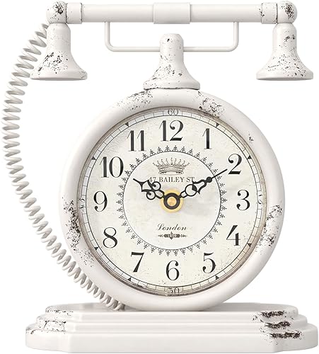 Reloj de mesa vintage, reloj decorativo de escritorio y estante, reloj de repisa blanco antiguo estilo teléfono, para sala de estar, granja,