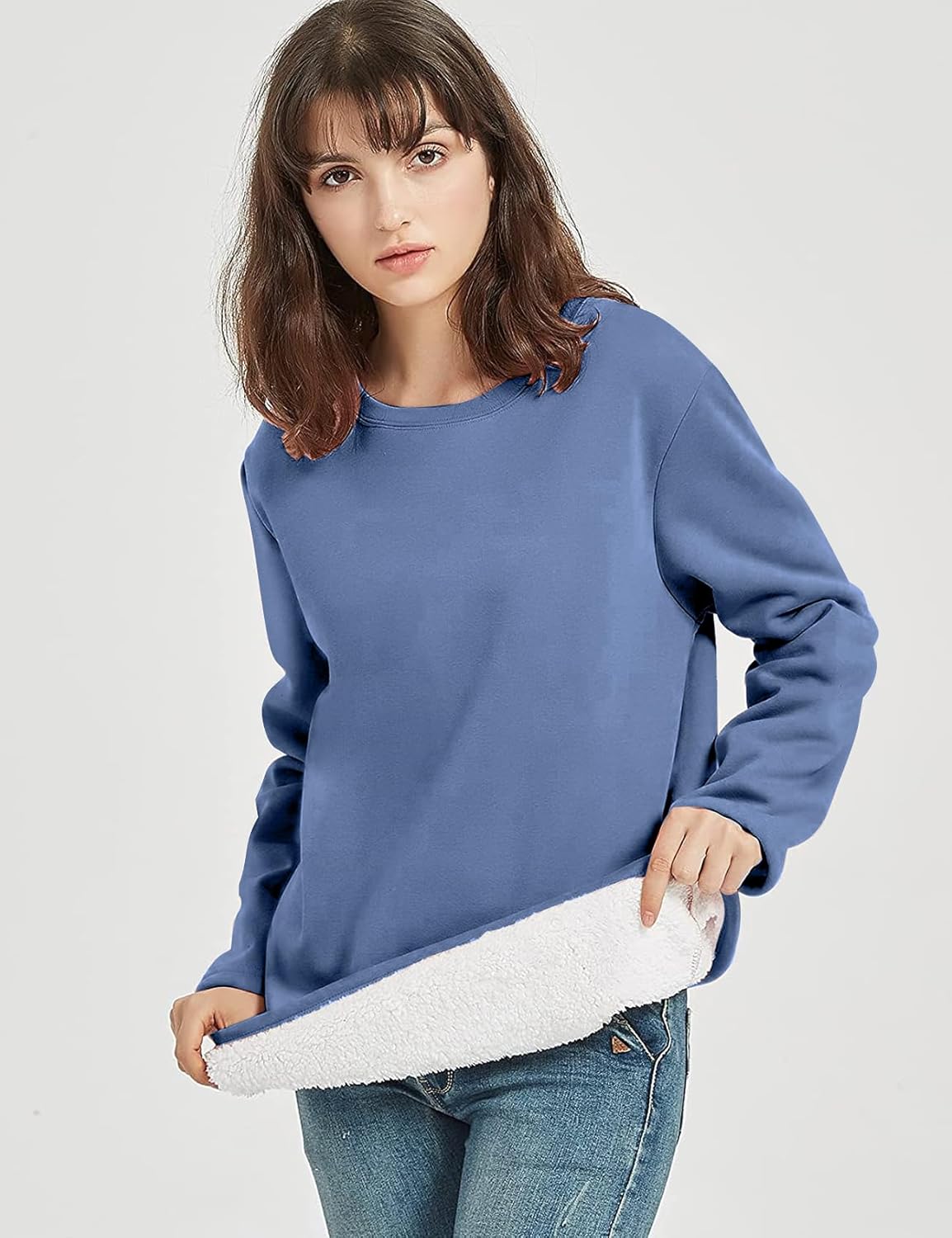 Flygo Women's Winter Warm Sherpa Lined Fleece Crewneck Sweatshirt Pullover Loungewear Tunic Tops - Image 2