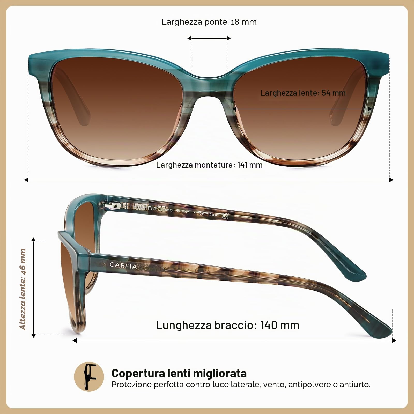 Carfia Occhiali da Sole Polarizzati da Donna UV400 Montatura Rettangolare da Donna per Corsa e Golf CA5287 | Viso di piccole e medie dimensioni, alla moda, protezione UV400, ipoallergenico, fatto a mano, per la guida di golf party
