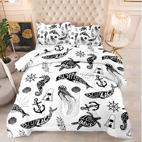 Miniatura 1 de TOPBDHOMES Juego de ropa de cama de 3 piezas con temática de tortuga ancla de peces en blanco y negro para niños adolescentes niñas individual