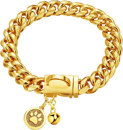 iDofas Collar de cadena para perro, collar de perro de eslabones cubanos de oro de 0.551in, con hebilla a presión, chapado en oro de 18 quilates,