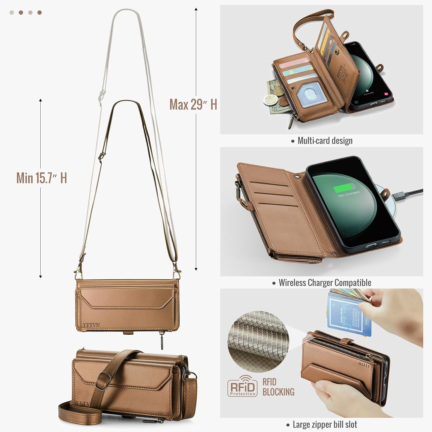 for Samsung Galaxy S24 Wallet Case with Zipper Card Holder, RFID Blocking PU Leather Magnetic Flip Handbag Purse Case with Crossbody Lanyard Strap & Wrist Strap for Galaxy S24 -Brown