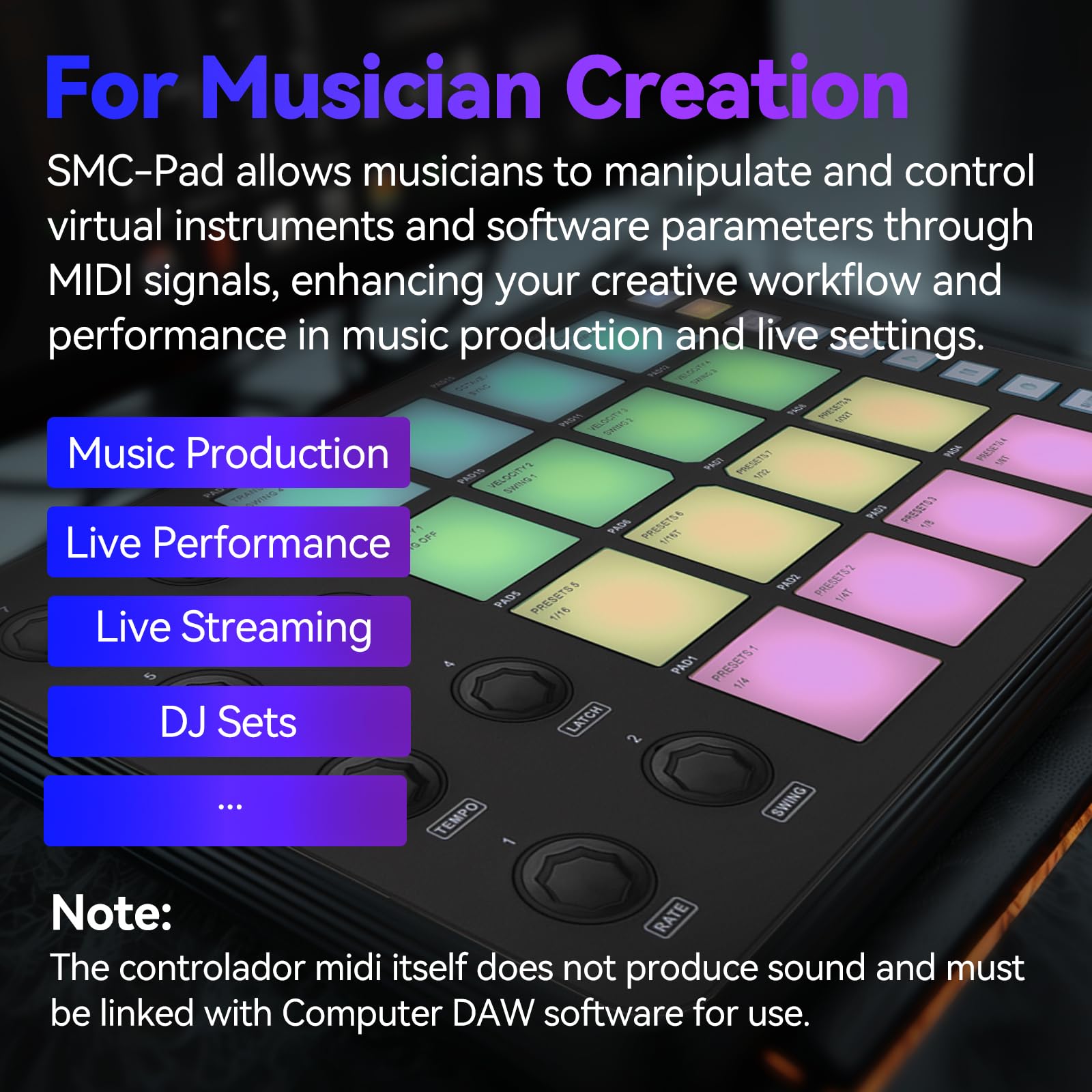 SMC-PAD Plus con adattatore Lightning di tipo C, con controller MIDI portatile M-Wave, batteria da 2000 mAh, attrezzatura da studio per registrare musica a casa