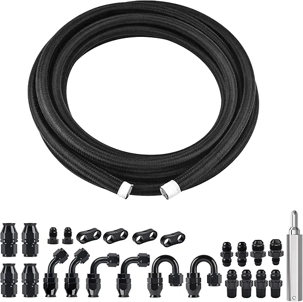 EVIL ENERGY 6AN PTFE Fuel Line Kit 20FT, AN6 E85 Braided PTFE Fuel Line Kit Black Nylon 6AN Hose