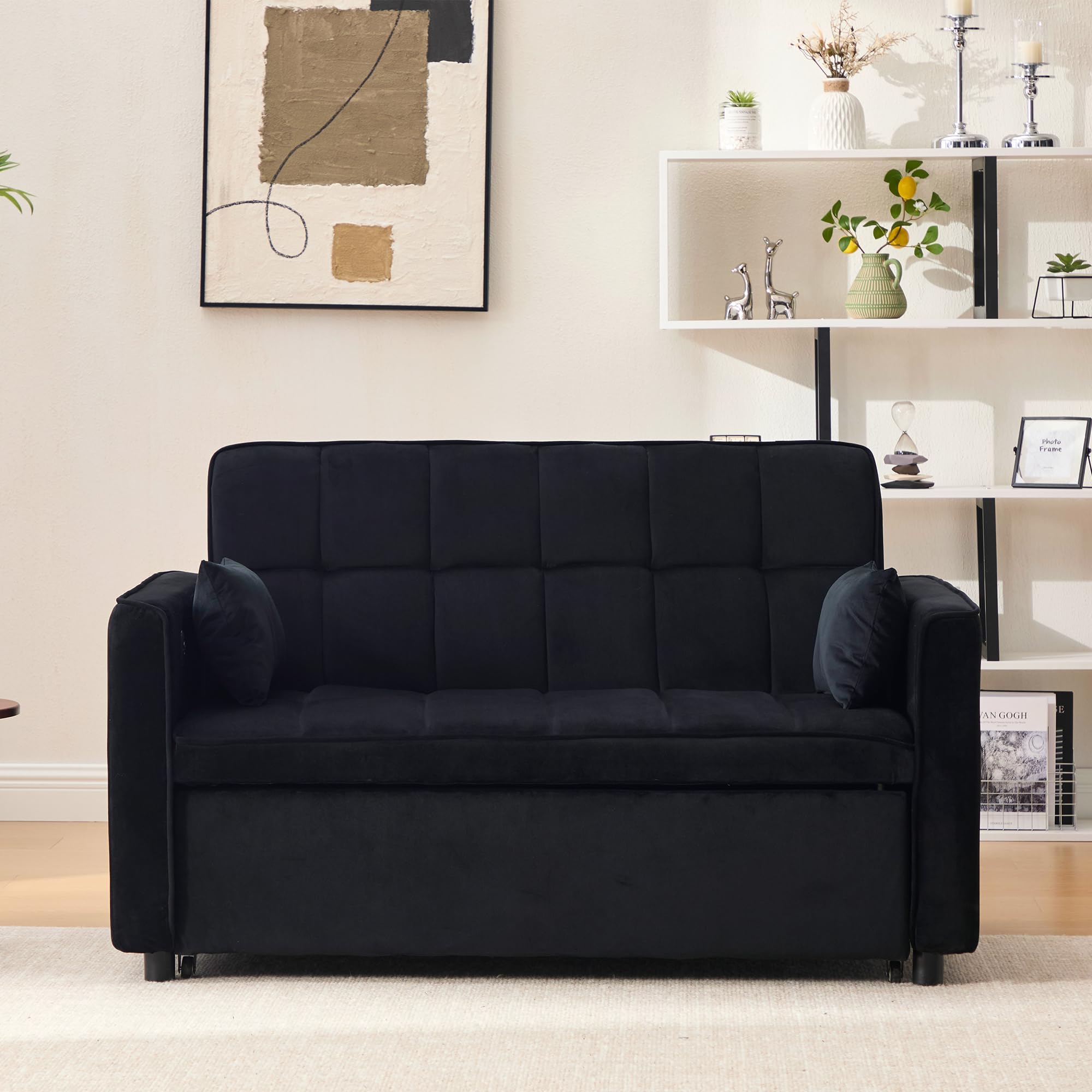 Tocsuna 3 in 1 Folding Convertible Sofa Bed, Pullout Sofa with USB Charging Port and Side Pockets, Velvet Upholstered Loveseat Sofa for Living Room,