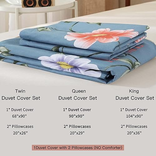 Miniatura 7 de Usfivefam Juego de funda de edredón azul grisáceo tamaño Queen, 3 piezas, ropa de cama floral de lujo, cómoda, ultra suave y transpirable, funda de