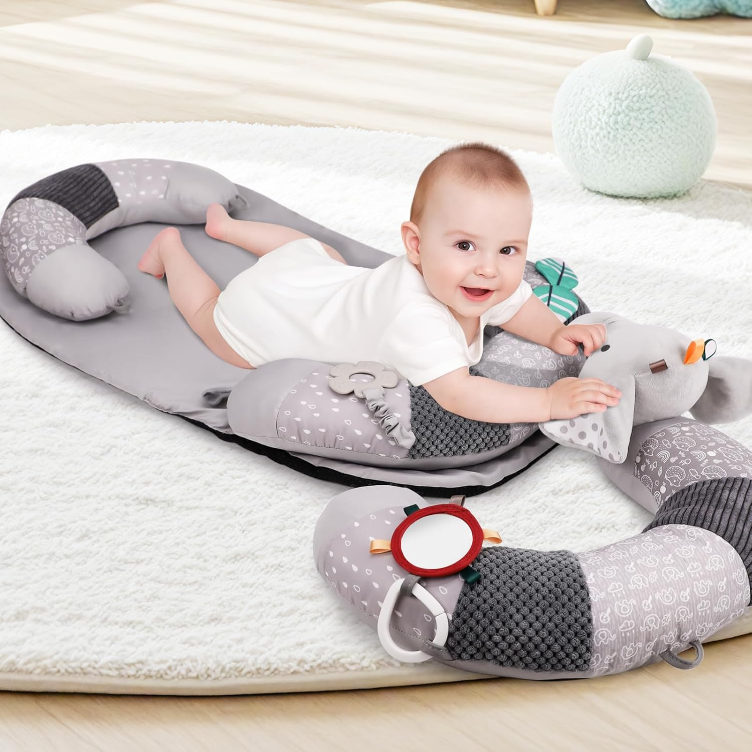 3-in-1 Tummy Time Pillow and Seated Support Playmat with Detachable Early Sensory Toys for Infant, Sitting Support to Prevent Reflux, Portable Gifts for Newborn Boys and Girls (Gray)