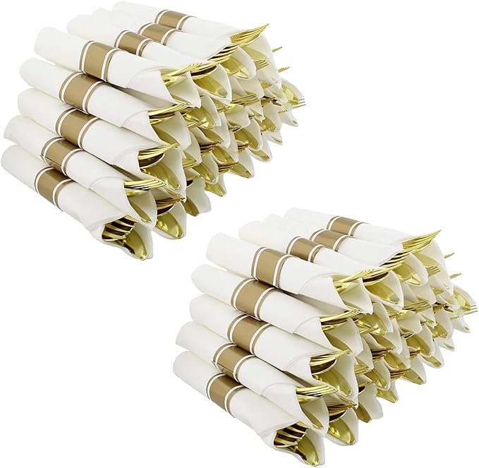 Spec101 PreRolled Plastic Cutlery Bulk Pack 60 Count Gold Silverware