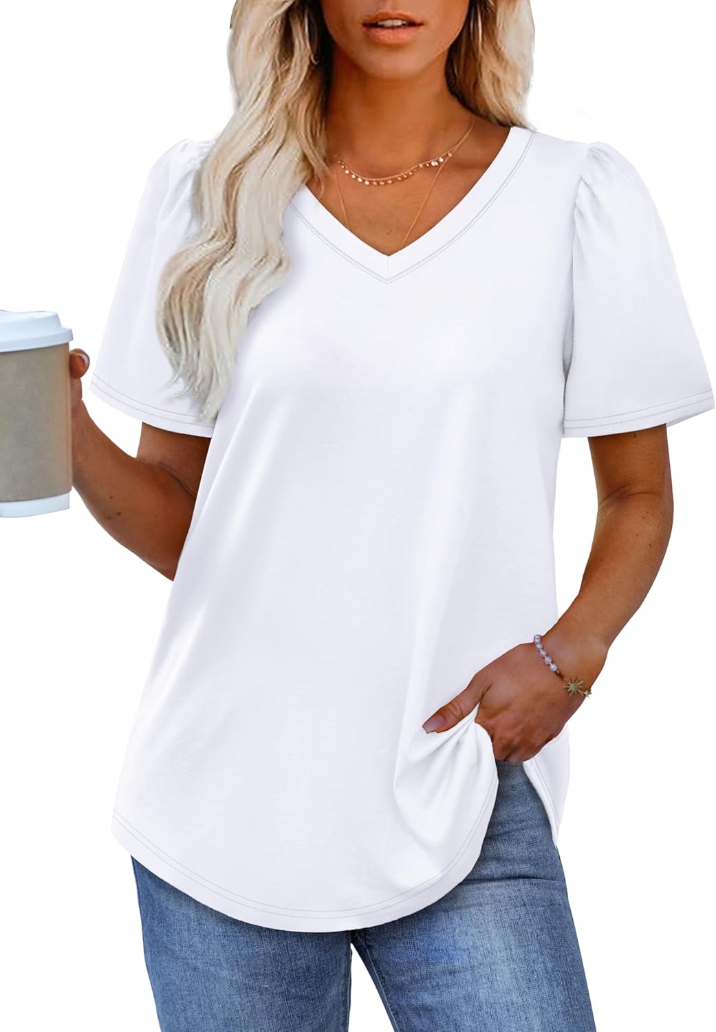 OFEEFAN T Shirts for Women V Neck Dressy Casual Blouses Puff Short Sleeve Summer Tops Loose Fit - Image 2