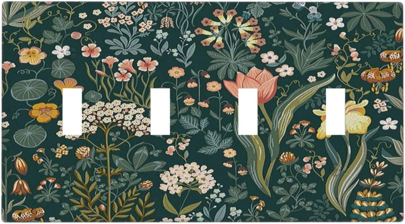Light Switch Cover Plate Vintage Floral Dark Green Botanical Pattern 4 Gang Quad Toggle Decorative Switch Plate Covers Electrical Outlet Cover Wall Plate For Home Nursery Decor
