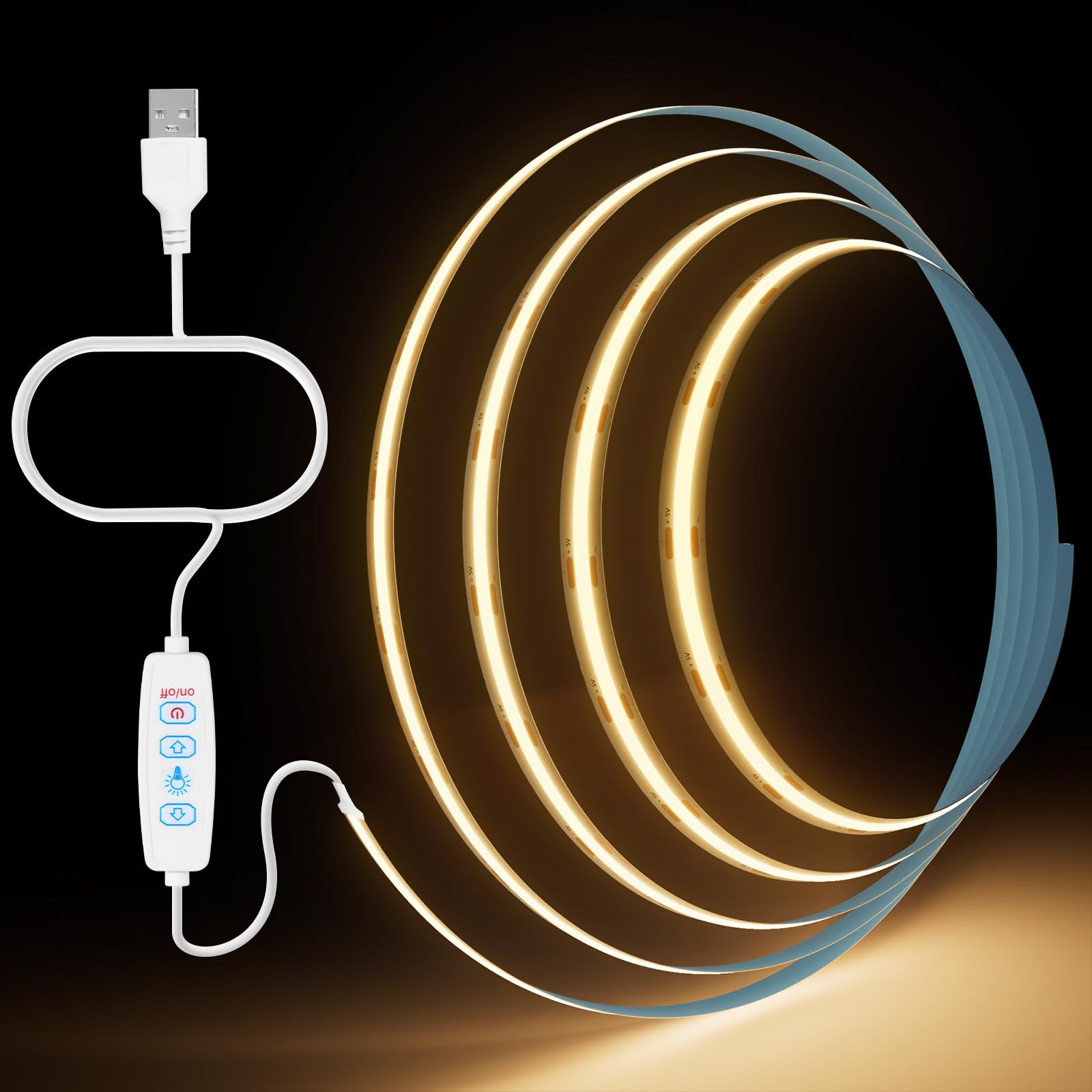 Aurevita COB LED Strip Light Warm/Cool White 5m 5V USB Flexible LED Light Strip 8mm Width Dimmable CRI85+ Dotless Tape Light High Density for Bedroom Kitchen Under Cabinet Home Decor (5m Warm White)