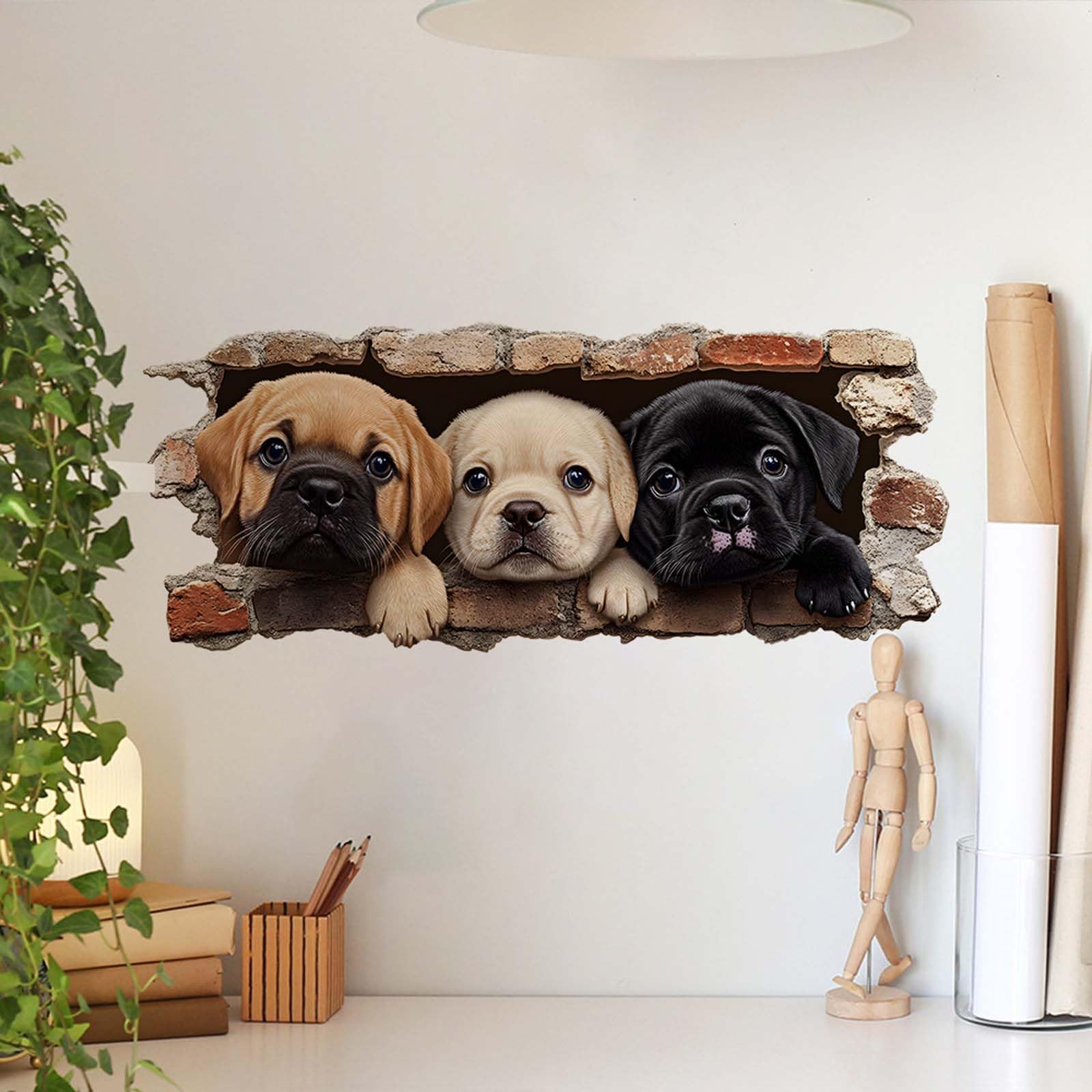 Pegatinas de Pared 3D Perros Cachorros Adhesivos Decorativos Efecto Agujero Vinilos Pared Infantiles Decoración de Pared para Habitación Niños Bebés Dormitorio Salón