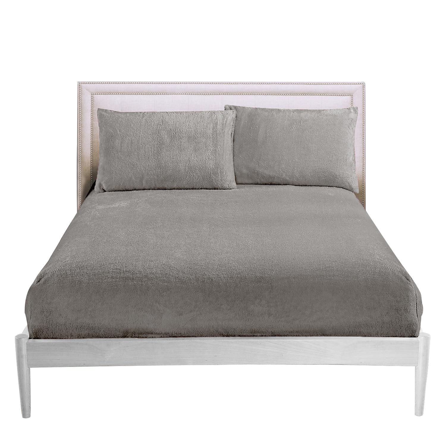 Easy Care Plain King Size Bed Sheets, 100% Polyester Teddy Fitted Sheet, Thermal Warm Fleece Bottom Sheet, Silver