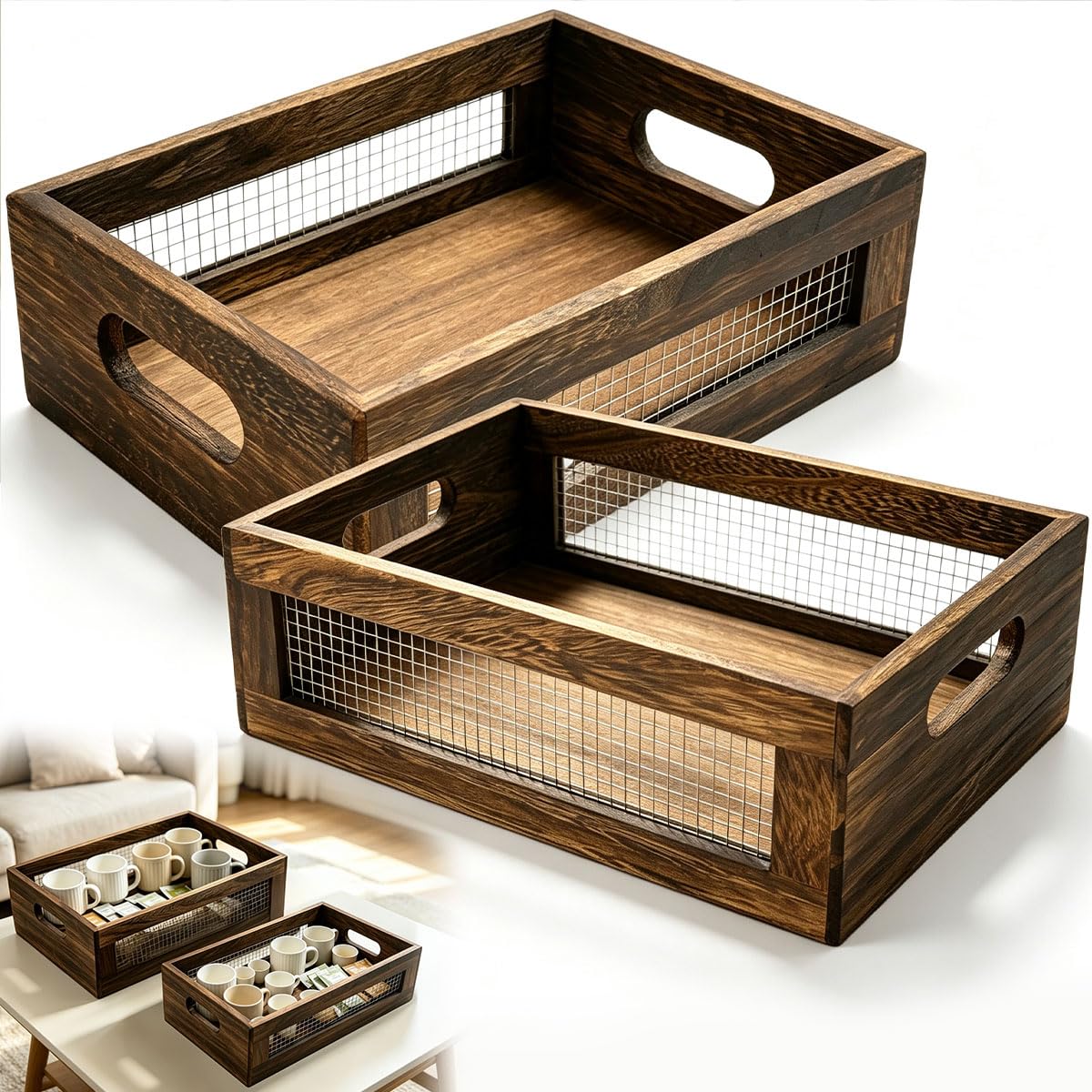 Vurixfo 2 Pack Rustic Wooden Storage Crates with Handles
