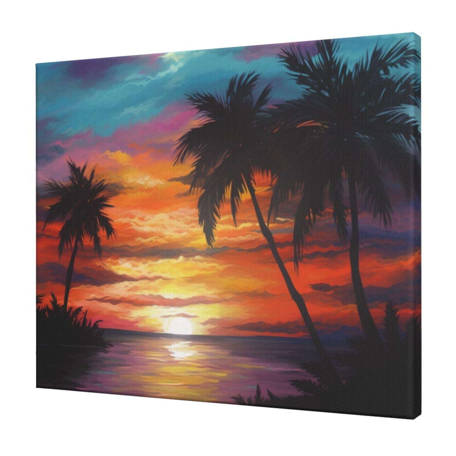 YKLJG Tropical Sunset Printed Wall Art Canvas Prints 60x50 CM Wooden Framed Picture Painting Artwork for Bedroom Kitchen Home Office Decor