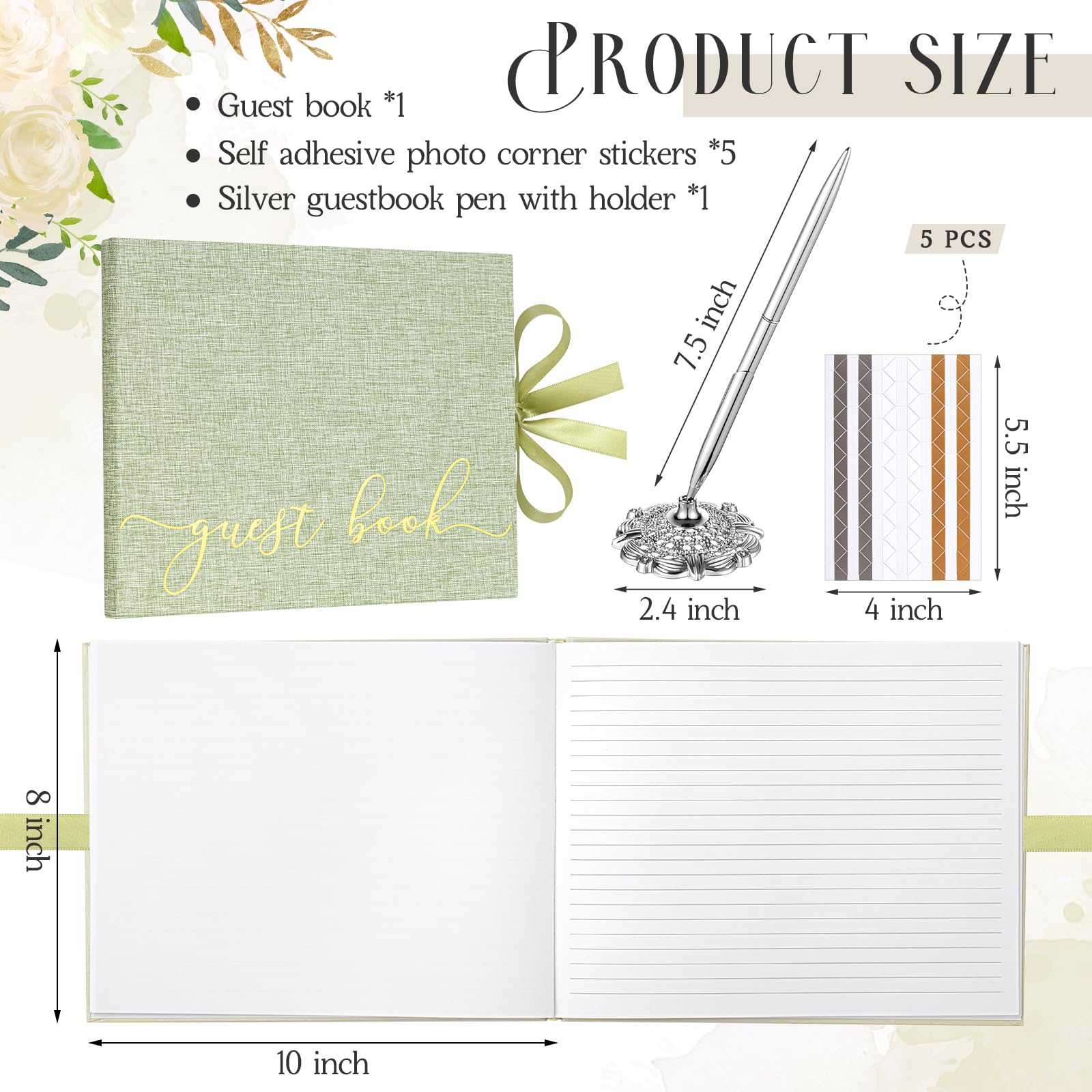 Engrowtic Hochzeitsgästebuch Set Elegant Leinen Foto Empfang Gästebuch 100 Seiten mit 2 Acryl Hochzeitsschilder 5 Blatt Fotoecken Aufkleber 1 Set Silber Stift für Braut Baby Shower (Salbeigrün)