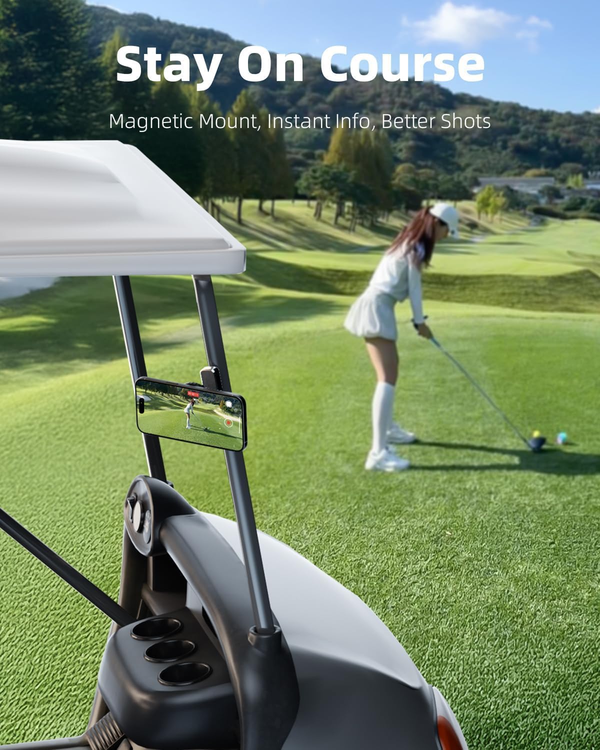 Magnetic Golf Cart Phone Holder Compatible with MagSafe iPhone and Android Fits EZGO, Club Car, Yamaha, Icon, Golf Cart Metal Accessories Gifts for Men Women Golfers，Common to All scenarios