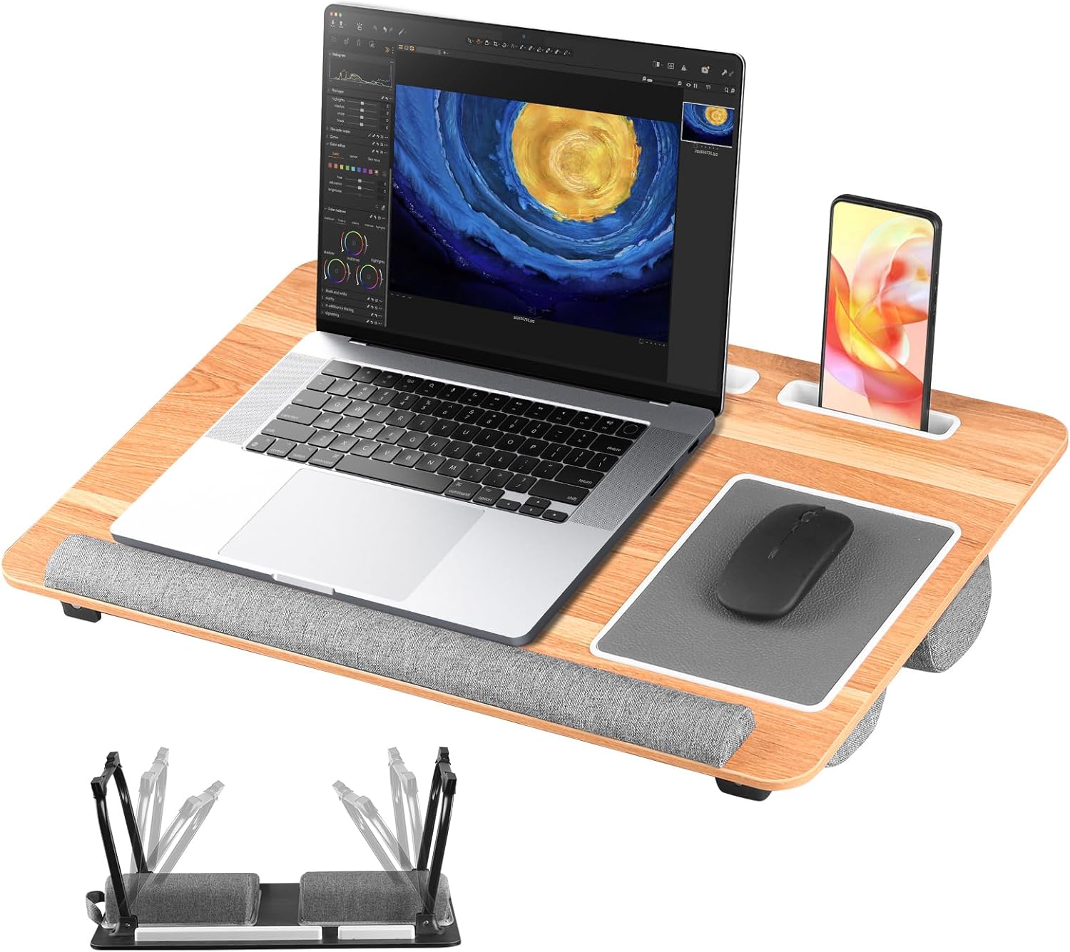 Lap Desk Bed Desk,17In Foldable Laptop Bed Tray Table with Mouse Pad,Wrist Rest and Adjustable Dual Cushion, Portable Wood Laptop Stand for Bed Sofa,Multifunctional Slot for Tablet & Phone Burlywood