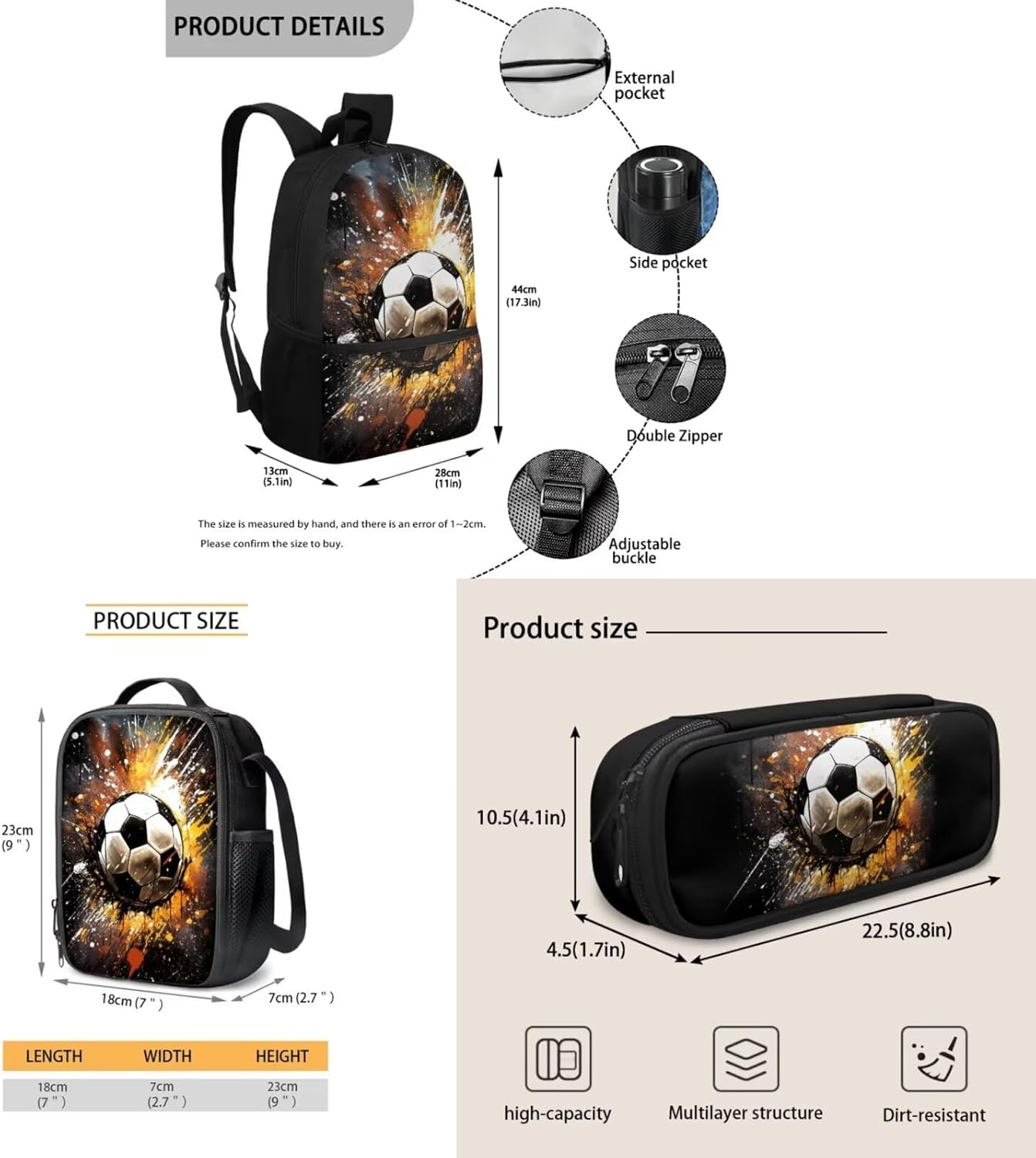 3Pcs Cool Soccer Print Boys School Backpack Set Football Design Elementary Middle Bookbag Kids Backpacks with Lunch Box and Pencil Case Primary Middle School Bags