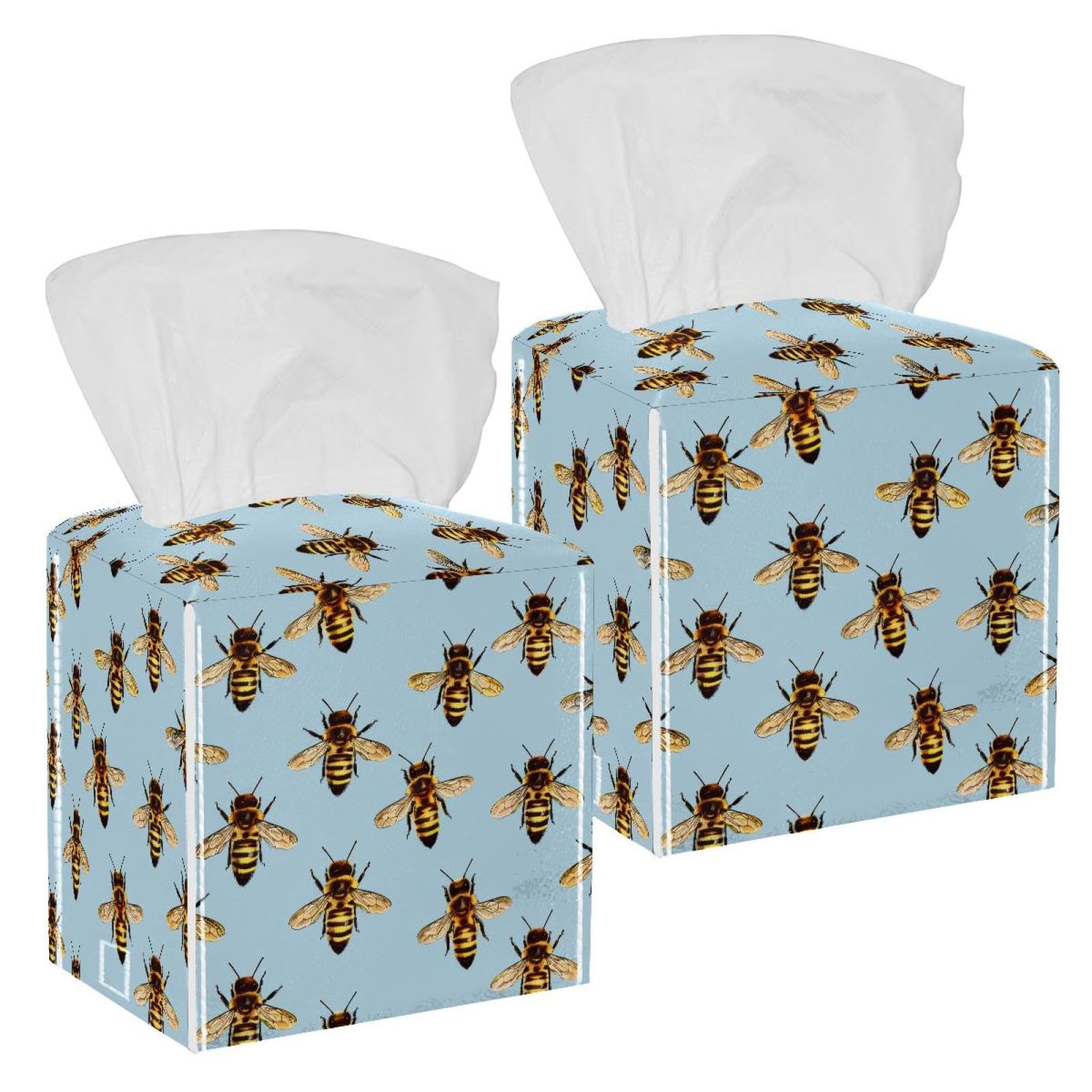 Golden Bees Tissue Box Cover, 2 Pack PU Leather Square Facial Tissue Dispenser Box holder for Home Office Car
