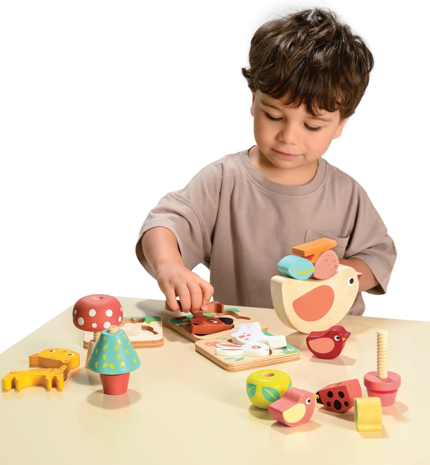 Mentari Toys - 24 Months Garden Playtime Set - Includes Wooden Tray Puzzles, Screw Toys, Rocking Stacking Bird - Promotes Fine Motor Skill Development and Shape Sorting Skills - Age 24m+