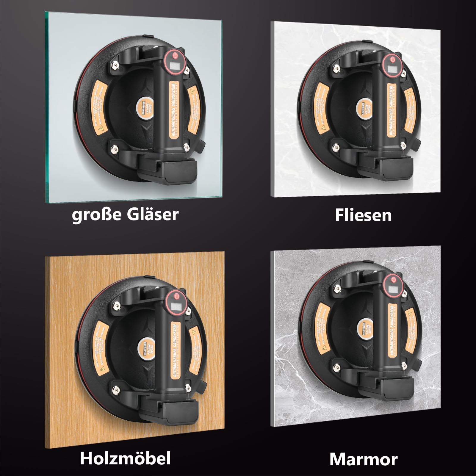 Con 4 baterías + pantalla digital, 2 ventosas de vacío eléctricas de 8 pulgadas | hasta. 300 kg, resistente transporte de cristal de ventana, azulejos de cerámica lisos, con succión automática
