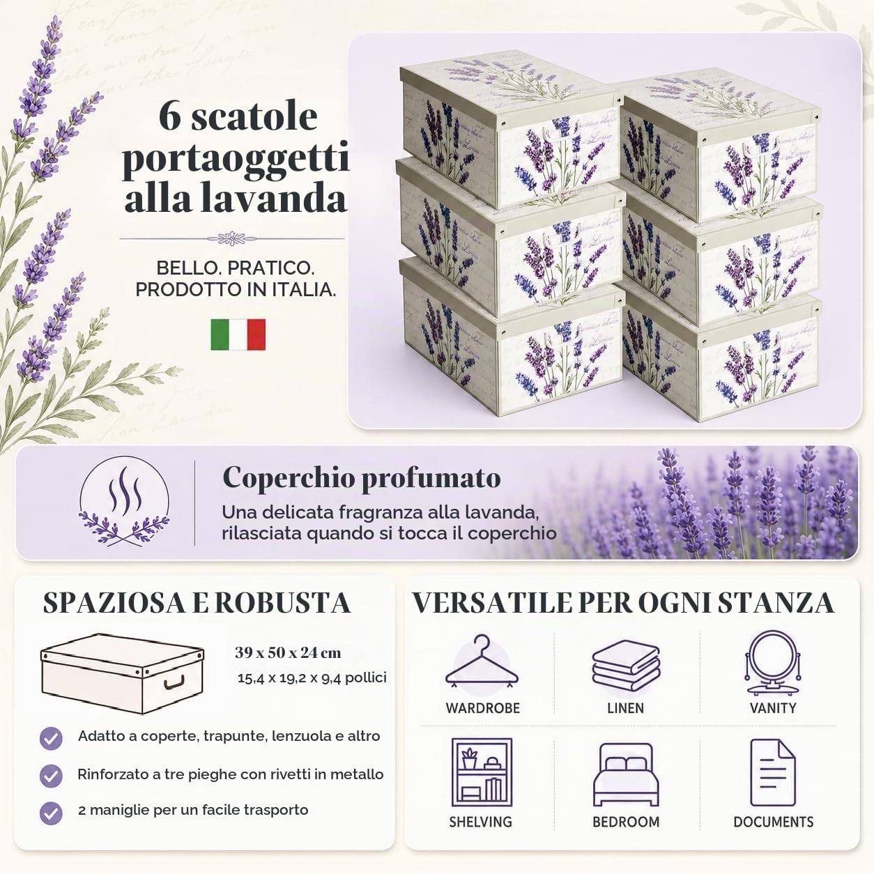 Set 6 Organizer Armadio con Coperchio Profumato alla Lavanda – Scatole Portaoggetti in Cartone 39x50x24 cm – Made in Italy, Robuste, Salvaspazio, Facili da Montare, Profumo Floreale al Tocco | Set di 6 organizer profumati per armadio, 39 x 50 x 24 cm