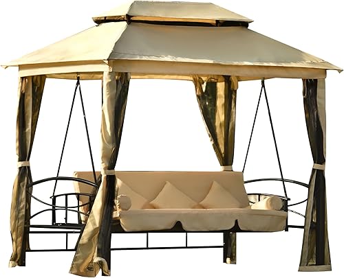 Gazebo columpio de 3 asientos para patio al aire libre con mosquitera, toldo de doble techo con 3 almohadas para césped, patio, jardín, patio