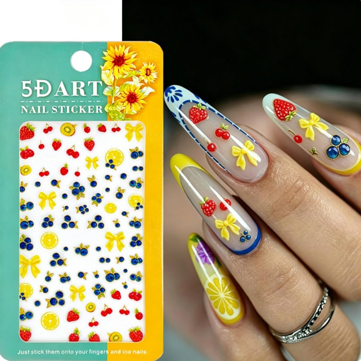 Summer Fruit Nail Art Stickers Blueberry Nail Decals 5D Embossed Self-Adhesive Strawberry Blueberry Lemon Kiwifruit Bow Nails Design 2PCS Summer Fruit Nail Art Supplies for Women Nail Decoration